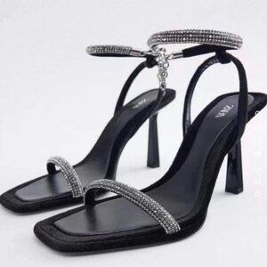 ZARA Black & Silver Rhinestone Heels | Ankle Strap Strappy Sandals | Size 8